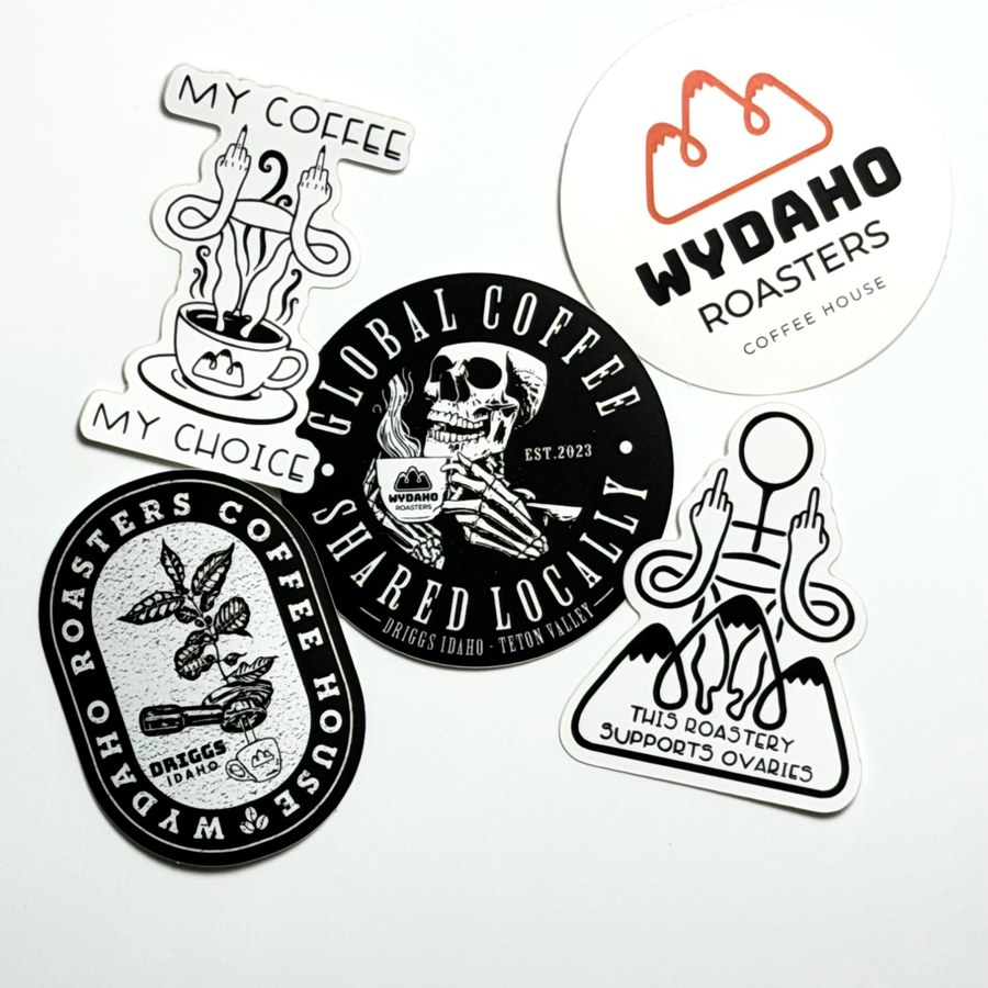 The original five Wydaho Roasters stickers laid out together